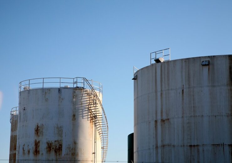 Two storage tanks at oil refinery